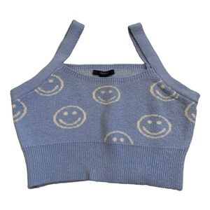 💜 Forever 21 Blue & White Smiley Face Knit Sweater Crop Top Size XL